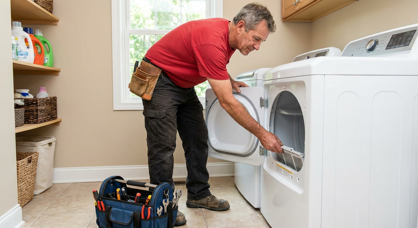 Professional technician repairing a modern dryer